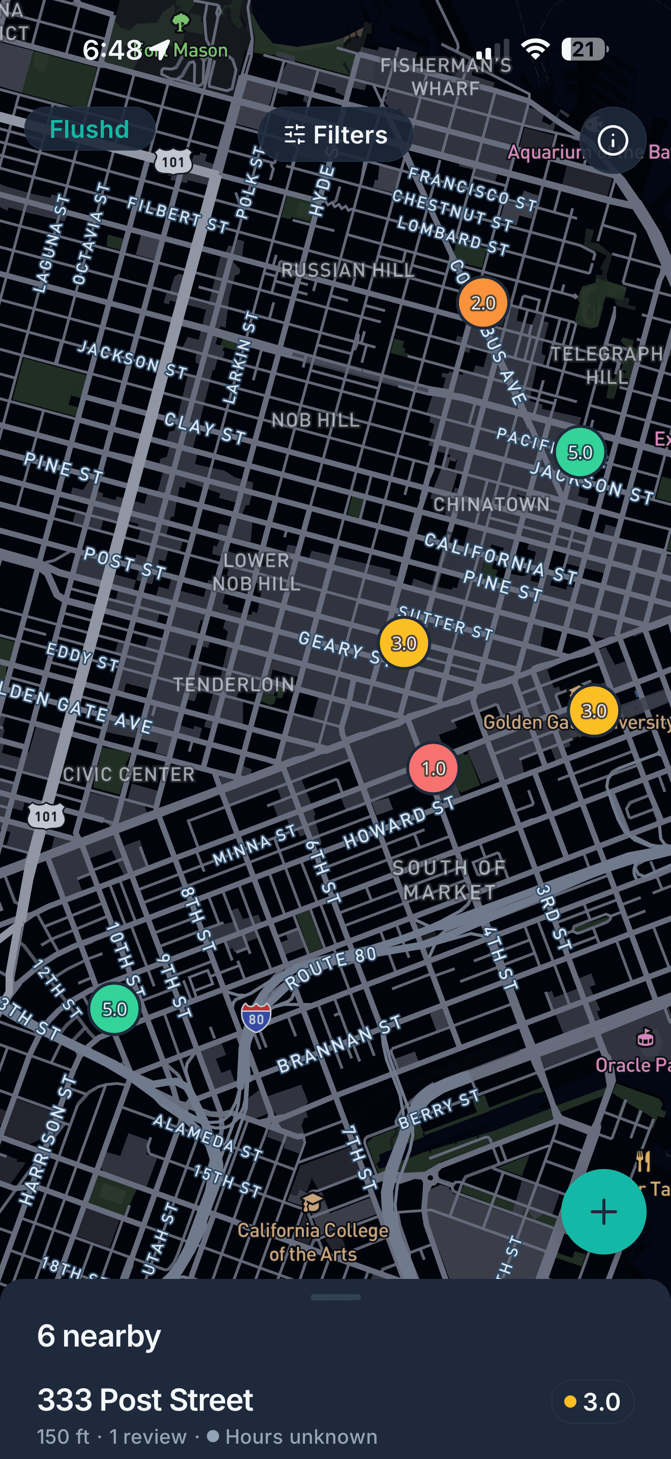 Flushd map view showing nearby restrooms ranked by rating